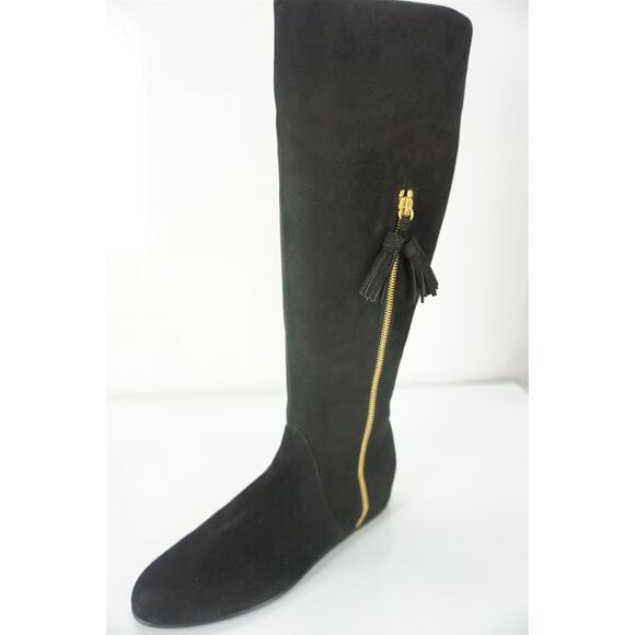 Stuart Weitzman Tass black suede wedge Tall boots size 6.5 New $635 gold zip - Picture 1 of 10